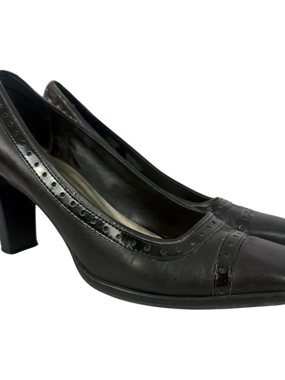 Naturalizer Chase Black Leather Square Toe Brogue Pump 3" Heels, Size 8M